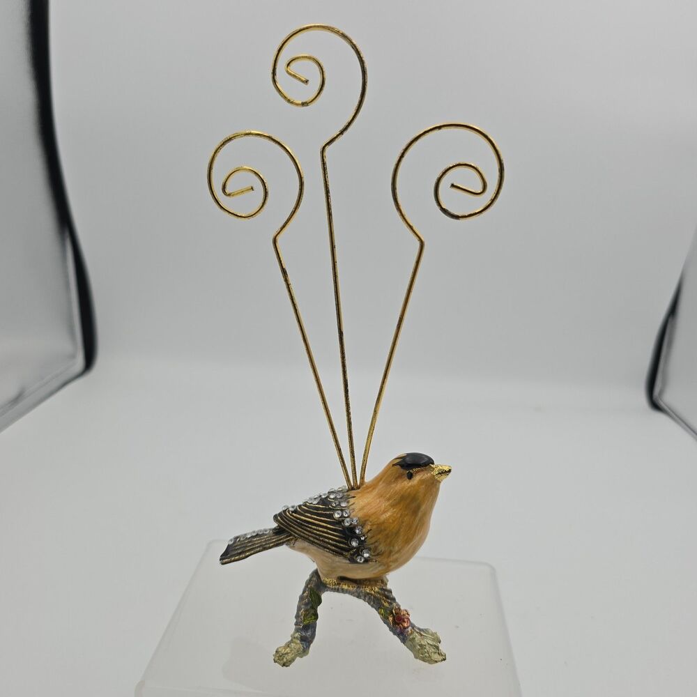 Jeweled Songbird Photo Memo Holder Rhinestone Bird Card Stand Gold Tone Wire Dis